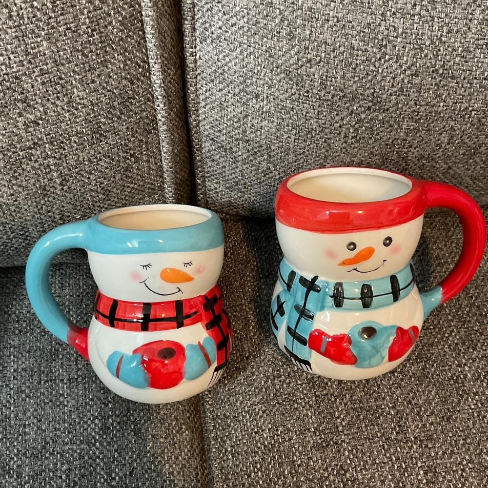 SET OF 2: BAY ISLAND BLUE & RED SNOWMAN MUG & set